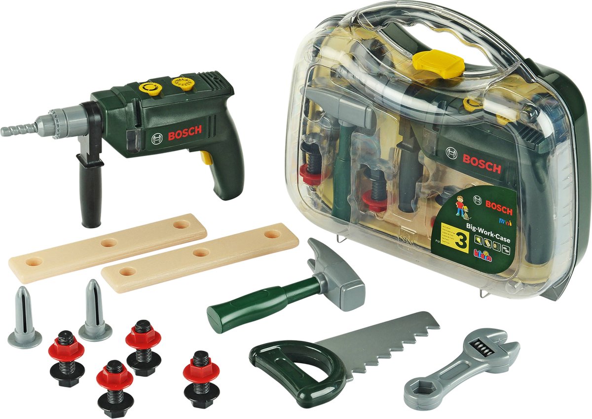 Klein Toys - Klein Toys bosch mini 16-delige speelgoed gereedschapskoffer - boormachine hamer zaag steeksleutel en gereedschap accessoires - incl. licht- en geluidseffecten - groen