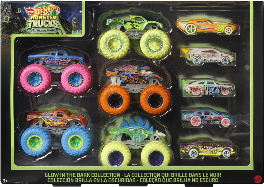 Hot Wheels -  monster trucks set met 10 speelgoedvoertuigen die licht geven in het donker