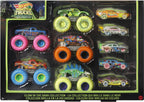 Hot Wheels -  monster trucks set met 10 speelgoedvoertuigen die licht geven in het donker