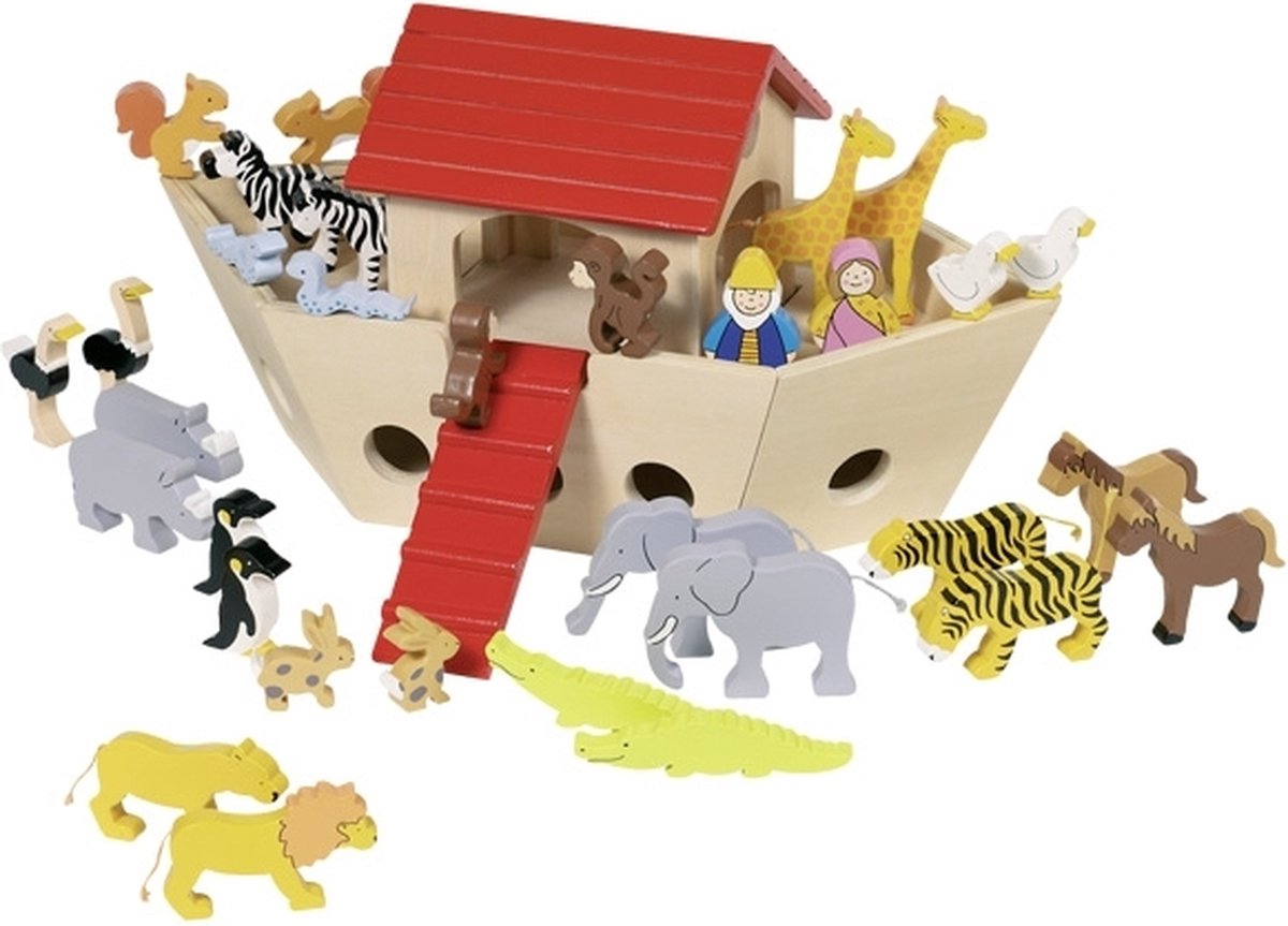 Goki ark van noach met passagiers 31x14x16,5cm, bevat 30 elementen, van beschilderd hout, in doosje, 3+