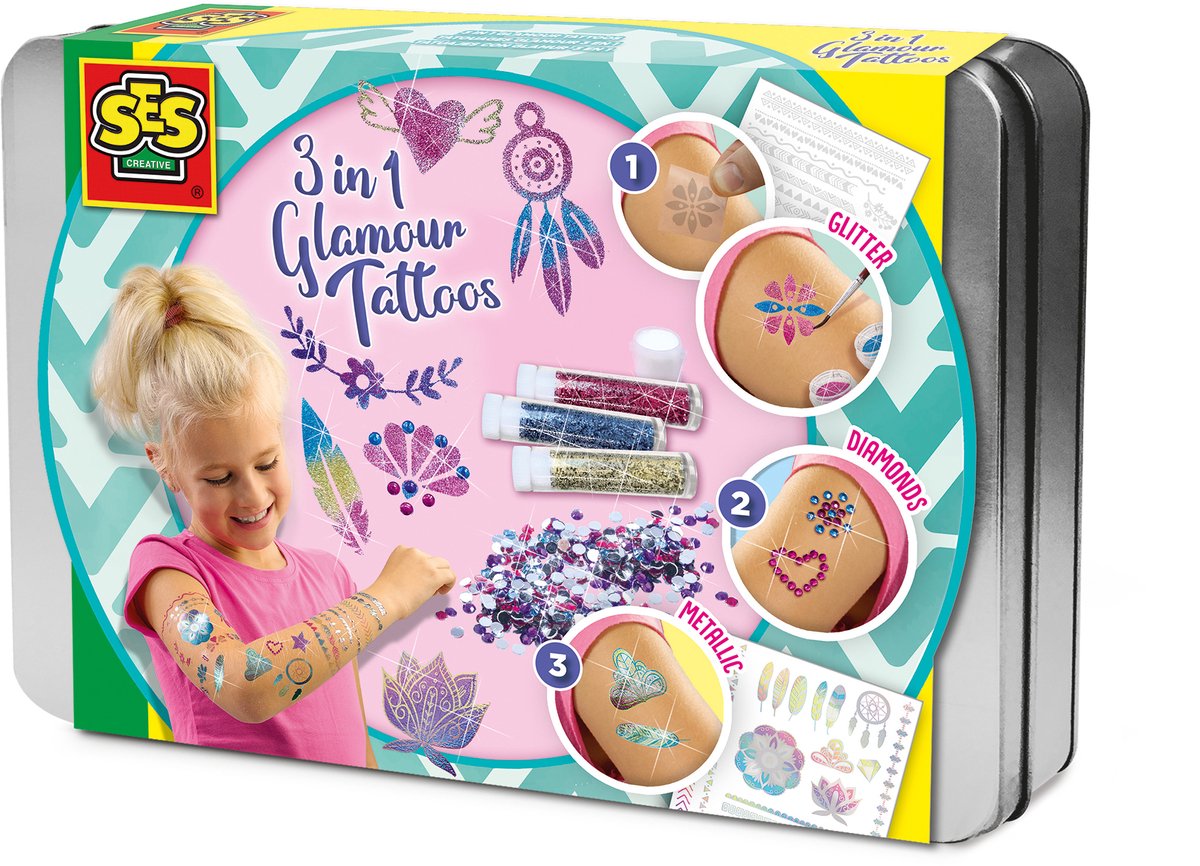 SES Creative - Creative - hobby pink - 3 in 1 glamour tattoos - knutselen meisjes - biologisch afbreekbaar - vanaf 5 jaar