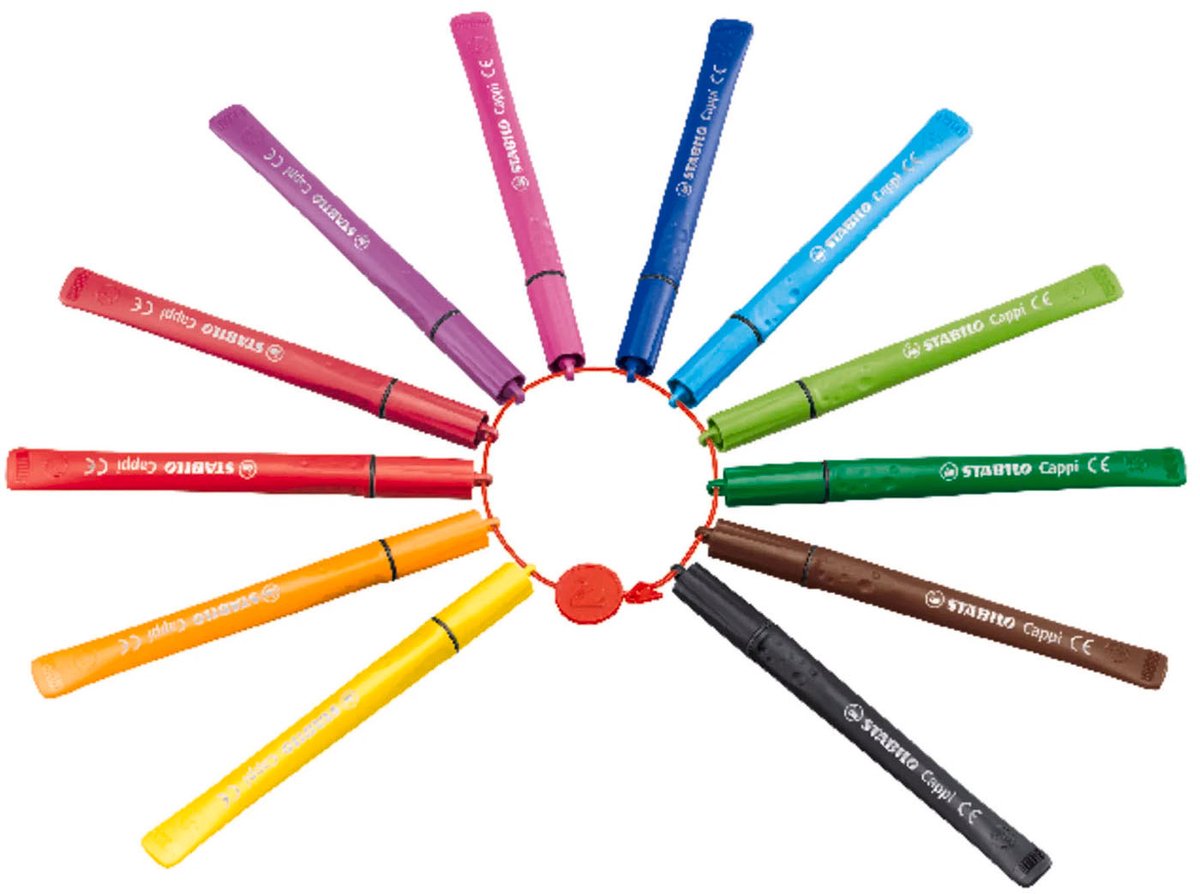 Stabilo cappi - viltstift - nooit meer je dop kwijt dankzij de dopring - etui met 18 kleuren + 2 dopringen