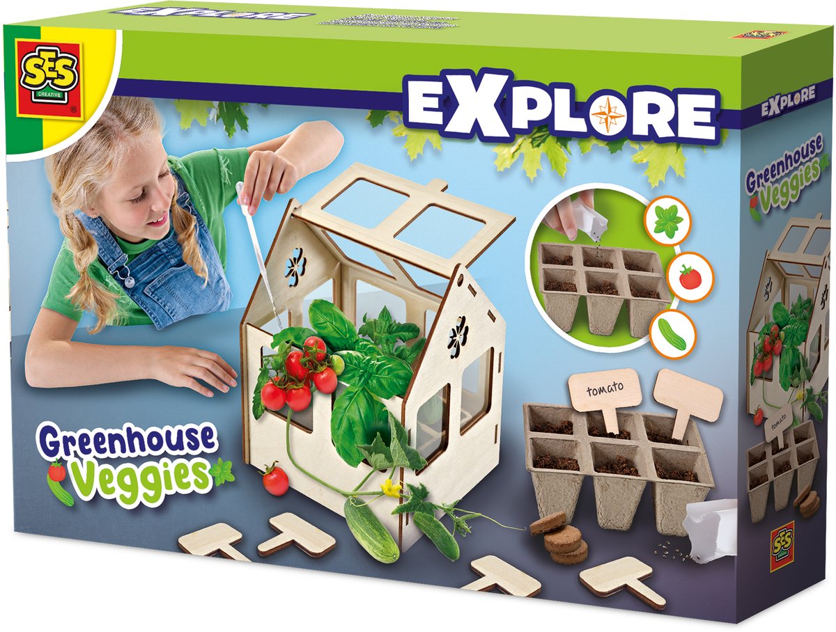 SES Creative - Creative - explore - broeikas met groenten - kweek je eigen tomaat basilicum en komkommer - echt houten broeikas – experimenteerdozen – mini moestuin voor kinderen