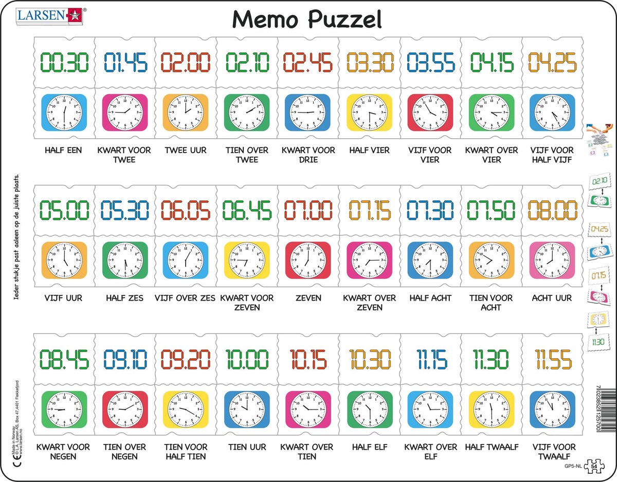 Larsen memopuzzel leren klokkijken traditionele en digitale klok , 54st.