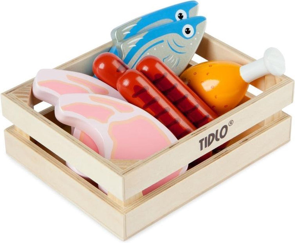 Tidlo - Tidlo houten speeleten vlees en vis in kist 8dlg.
