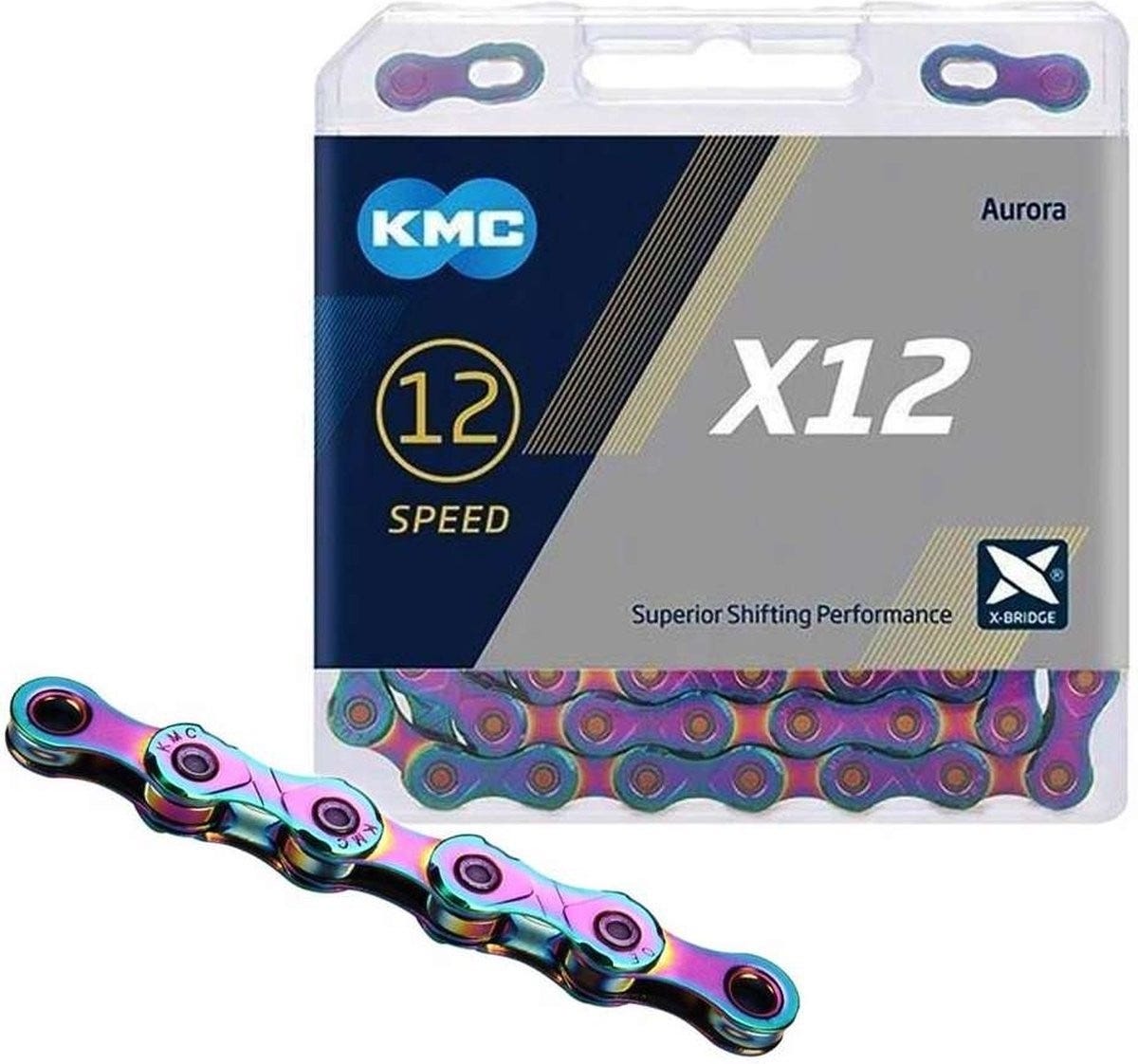 KMC X12 Aurora Blue 126 maillons - Chaîne de vélo avec Double X-Bridge - 12 vitesses