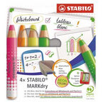 Stabilo markdry etui - whiteboard- en flipover marker - etui met 4 neon kleuren - met puntenslijper en uitveegdoek