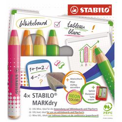 Stabilo markdry etui - whiteboard- en flipover marker - etui met 4 neon kleuren - met puntenslijper en uitveegdoek