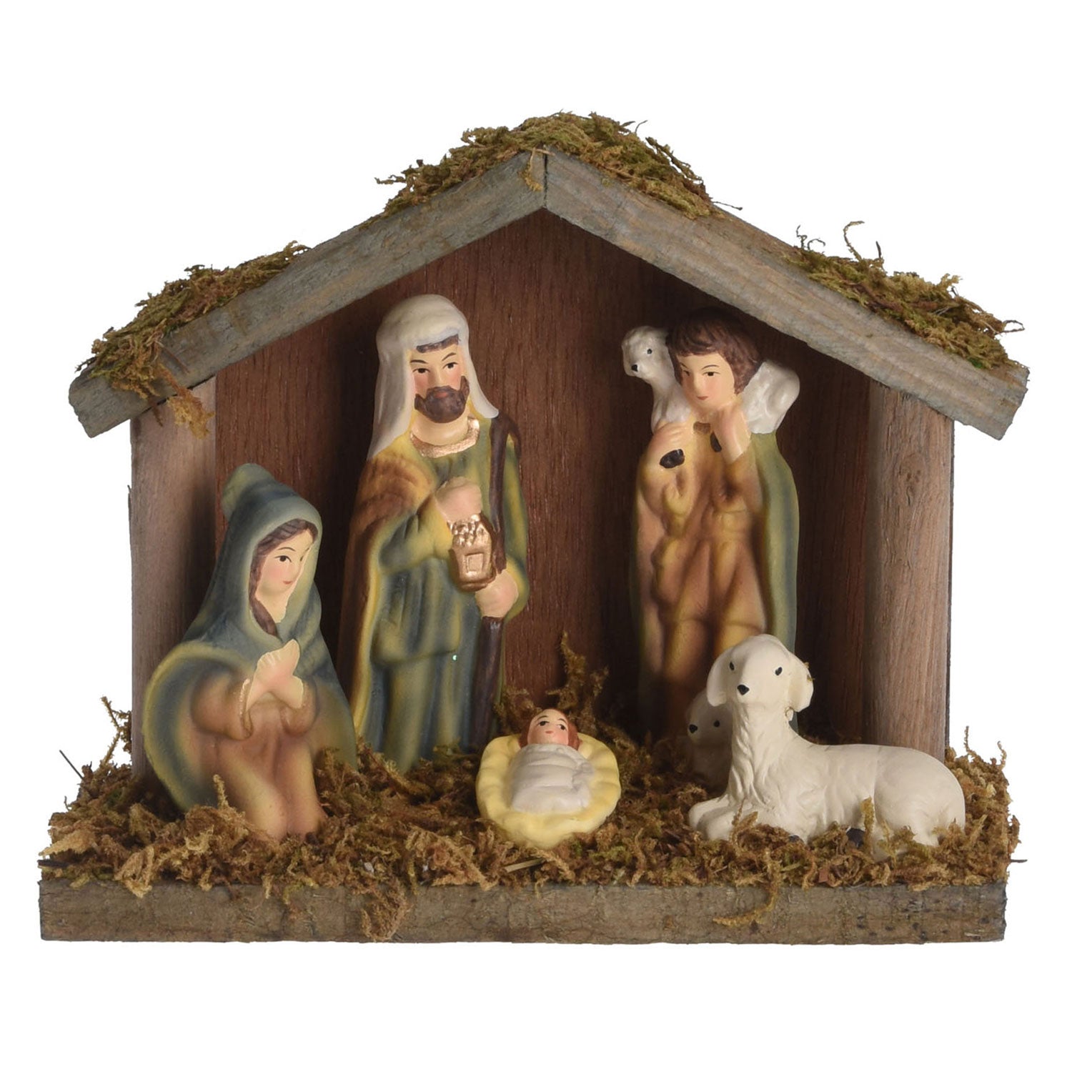 Houten kerststal met 5 figuren