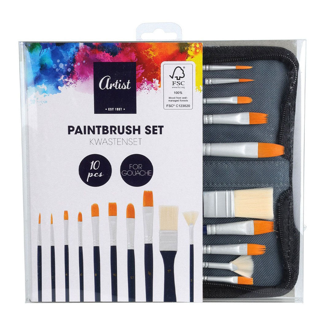 Kwasten set voor gouache in opbergtas. 10st.