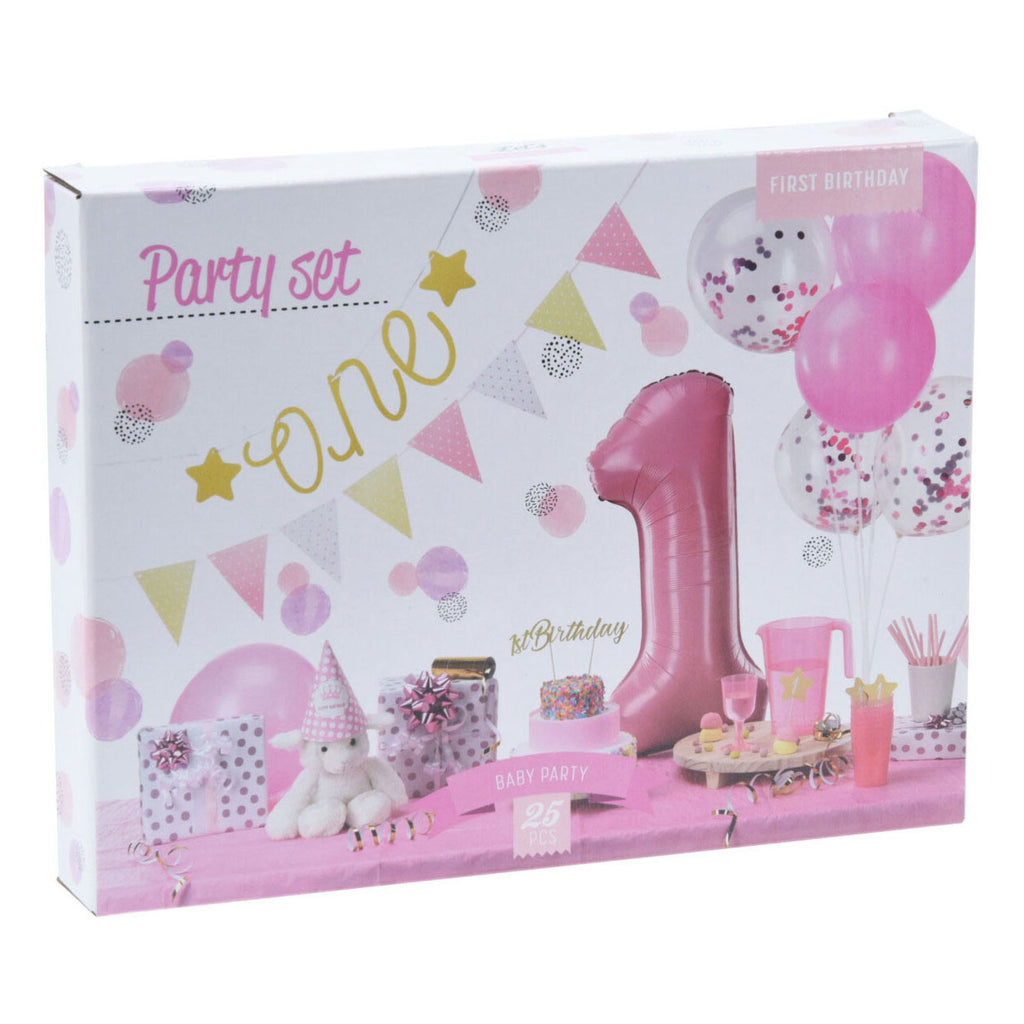 Set feestversiering 1e verjaardag - roze meisje, 9dlg.