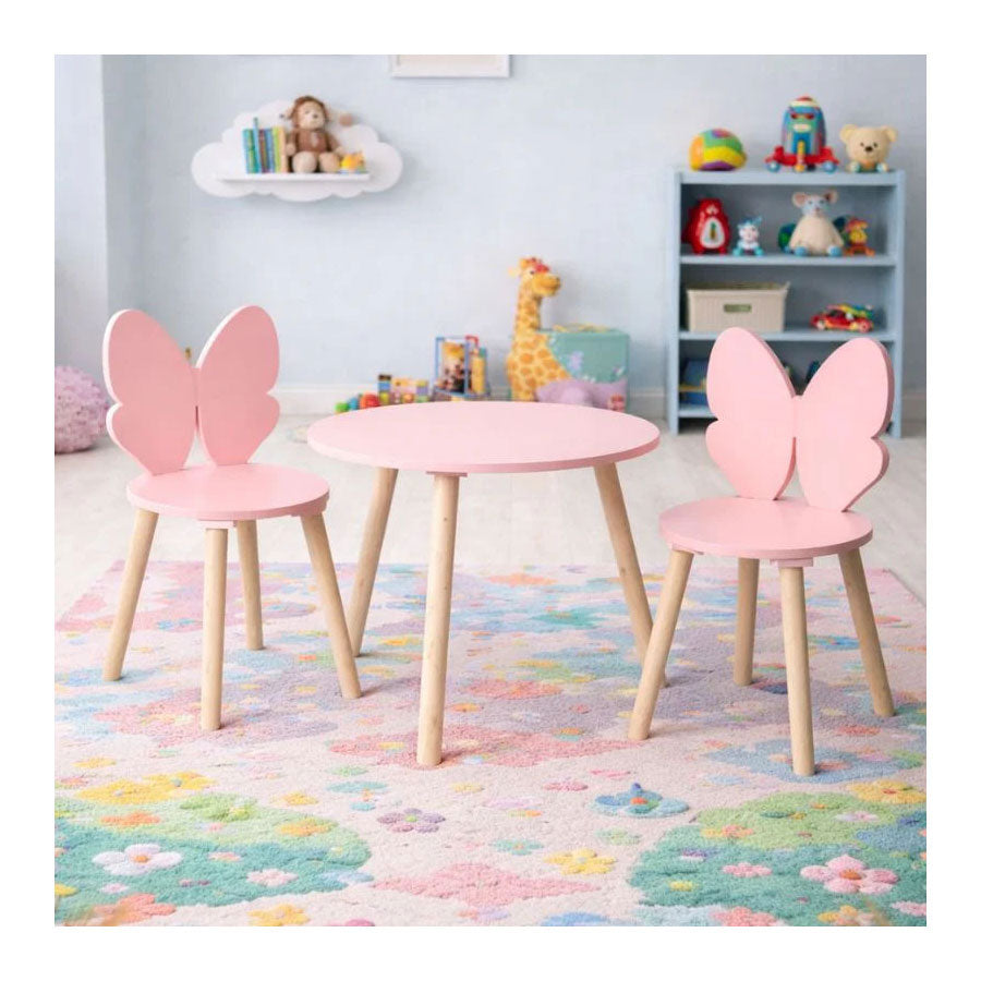 - Houten Set Tafeltje met 2 Stoelen Vlinder - Roze