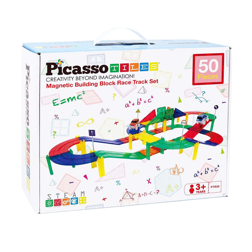 Picasso Tiles - Picasso Tiles Tactic - constructiespeelgoed - magnetic tiles - magnetische tegels - race track - stem speelgoed - magnetische racebaan met 2 led auto's - 50-delig - vanaf 3 jaar