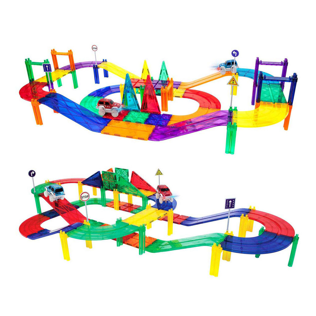 Picasso Tiles - Picasso Tiles Tactic - constructiespeelgoed - magnetic tiles - magnetische tegels - race track - stem speelgoed - magnetische racebaan met 2 led auto's - 50-delig - vanaf 3 jaar