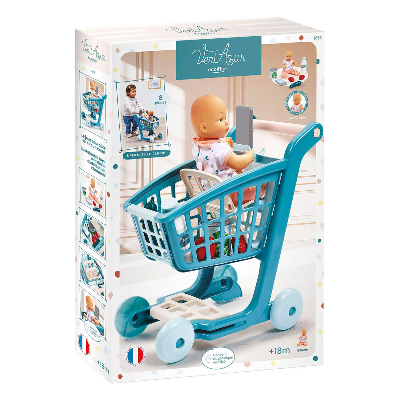 Ecoiffier - vert azur gevulde winkelwagen met babypop - 8dlg.