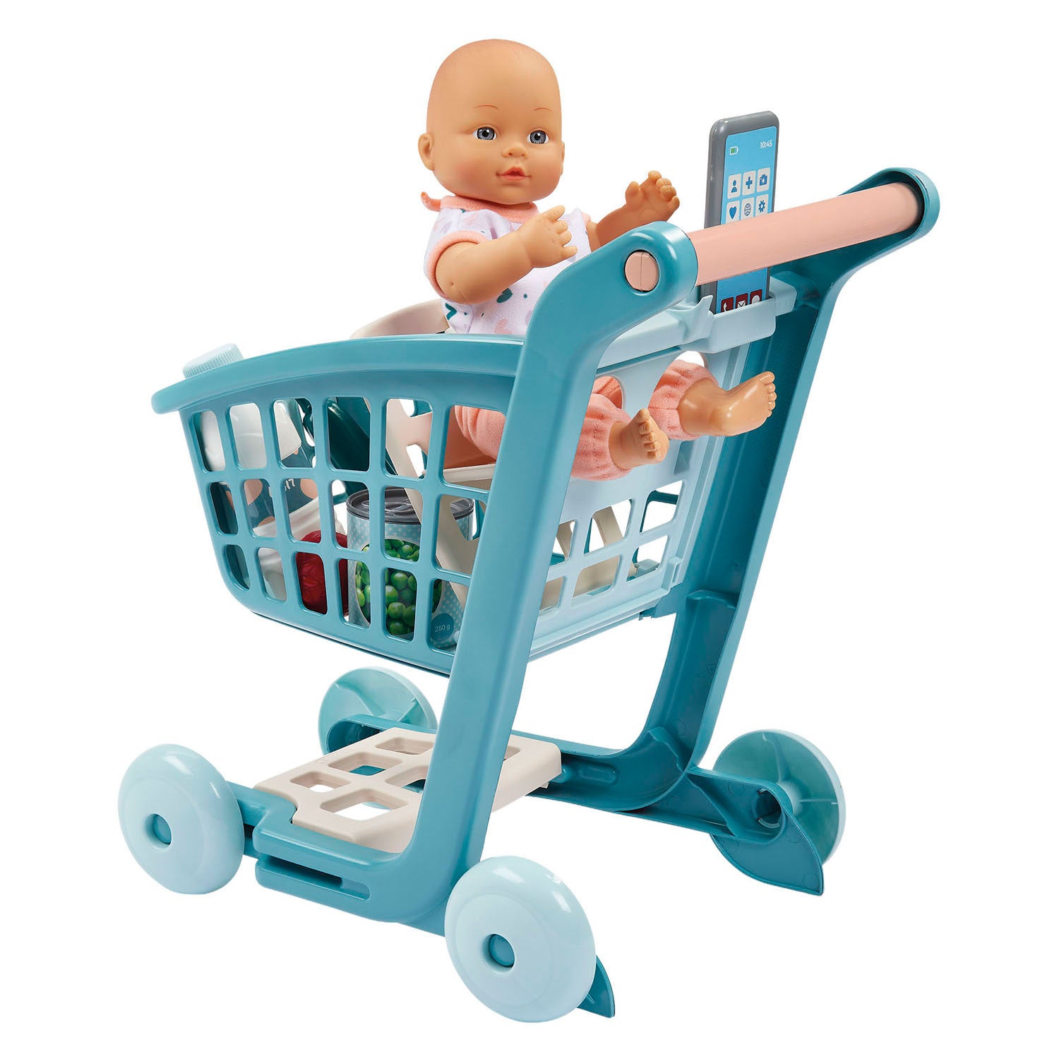 Ecoiffier vert azur gevulde winkelwagen met babypop - 8dlg.