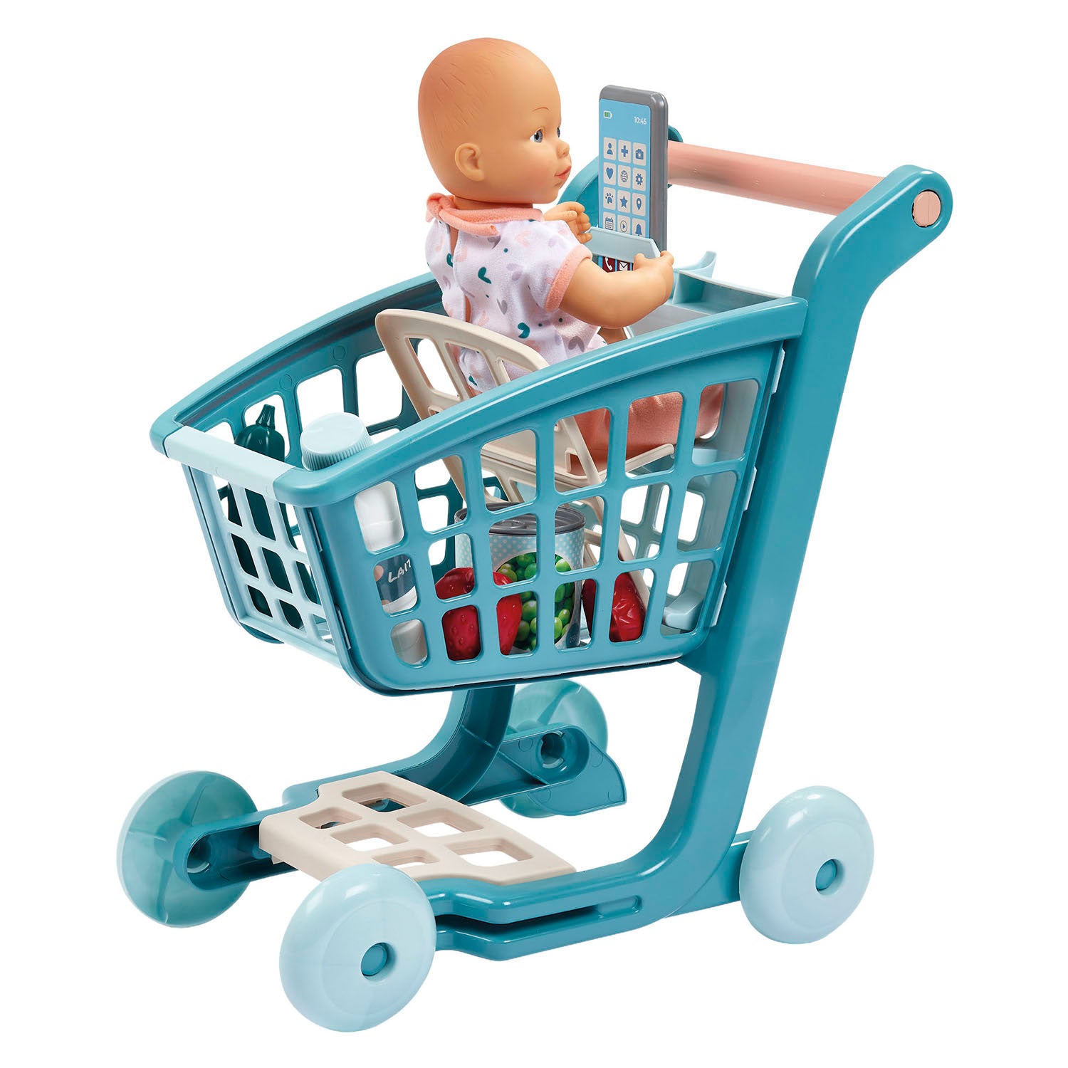 Ecoiffier vert azur gevulde winkelwagen met babypop - 8dlg.