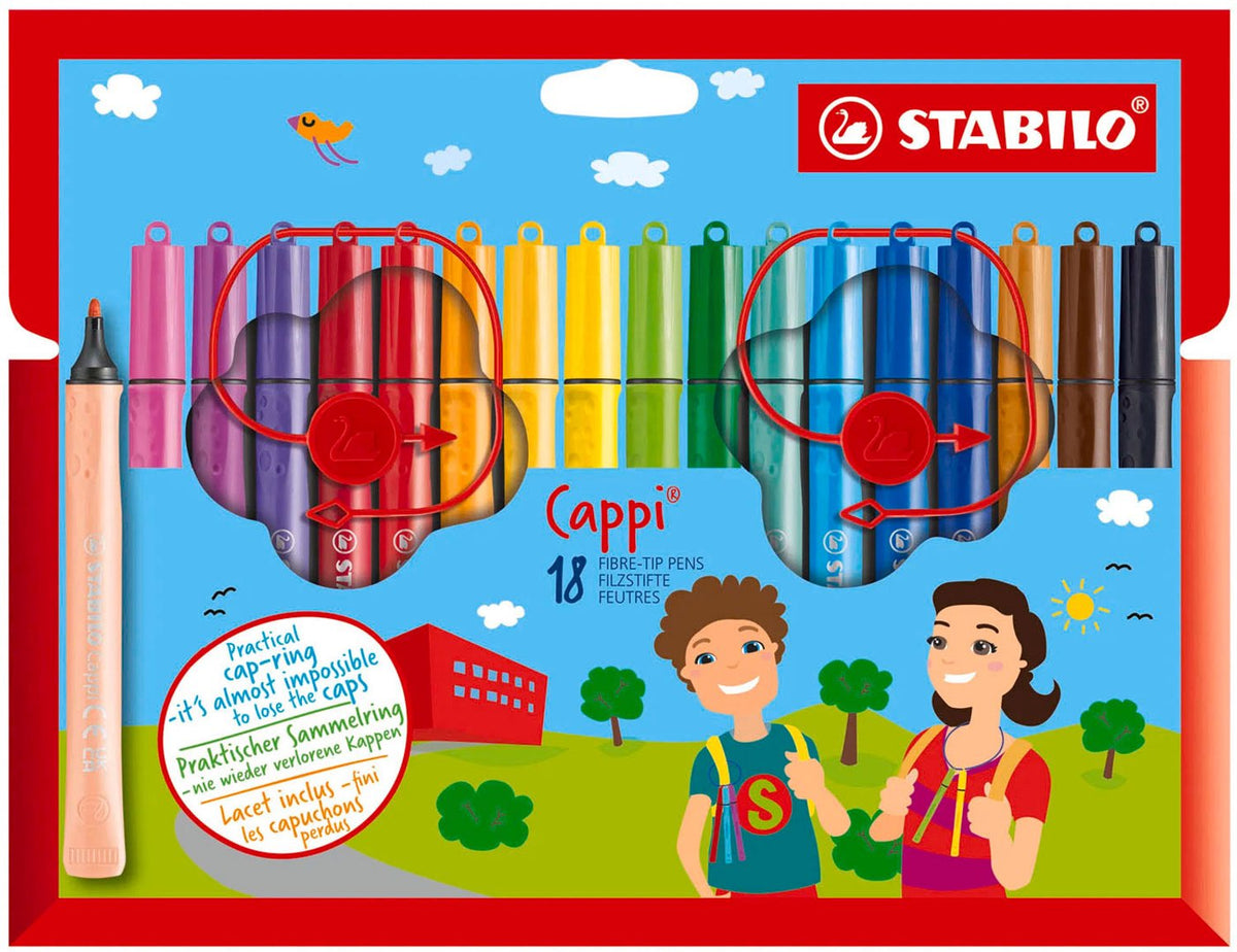 Stabilo cappi - viltstift - nooit meer je dop kwijt dankzij de dopring - etui met 18 kleuren + 2 dopringen