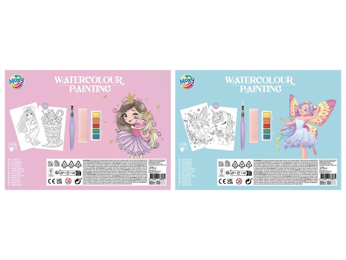 Moxy - Moxy aquarel set met 20 kleurplaten waterkwast en verf
