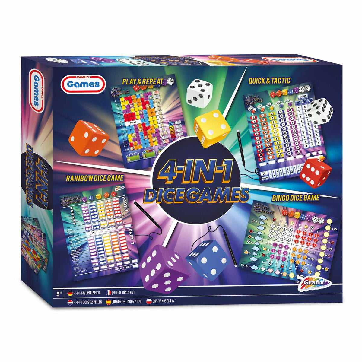 Grafix 4-in-1 dobbelspellen | gezelschapsspel voor kinderen en volwassenen | combinatie van tactiek- en geluk