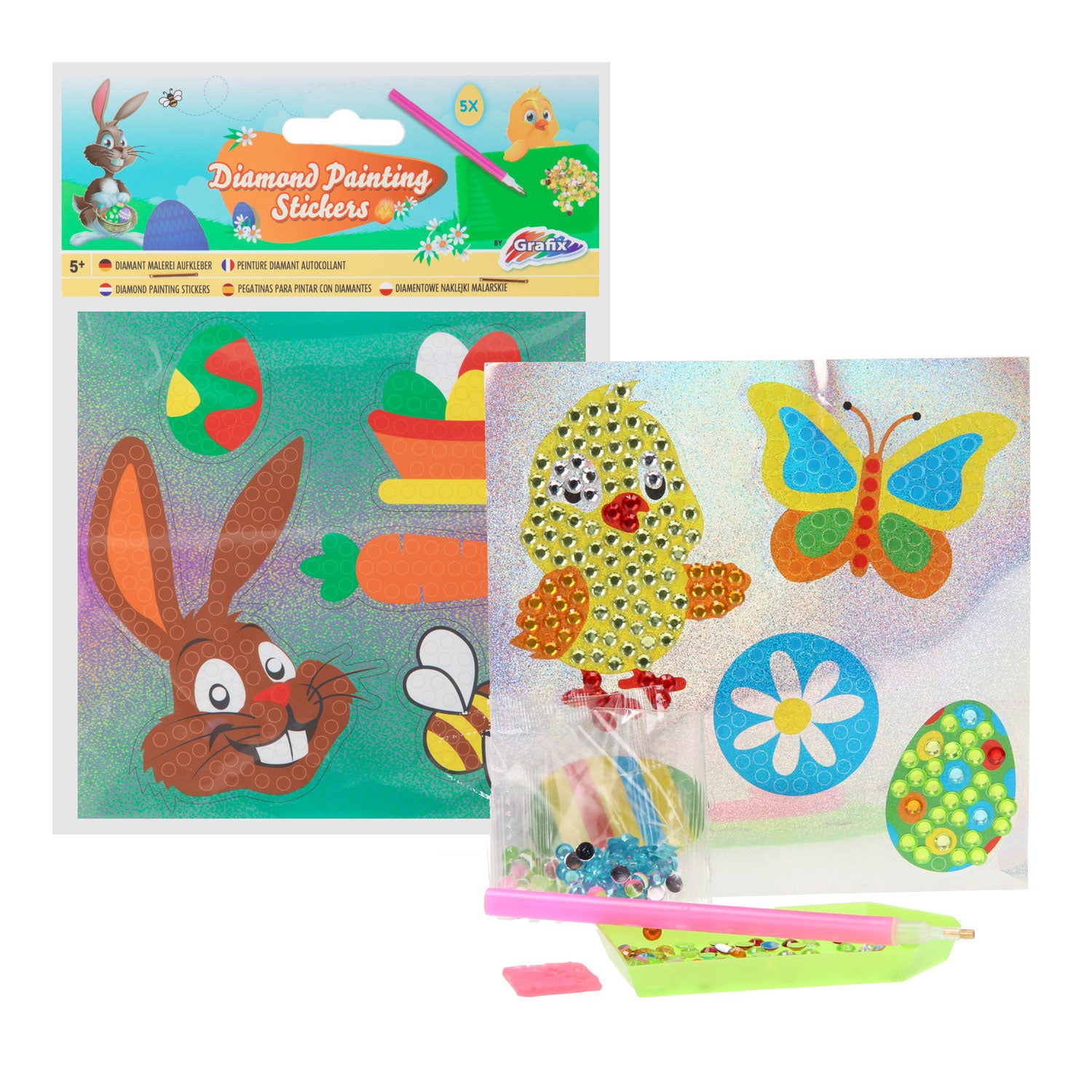 Grafix diamond painting stickers pasen 5 stuks- leeftijd vanaf 5 jaar