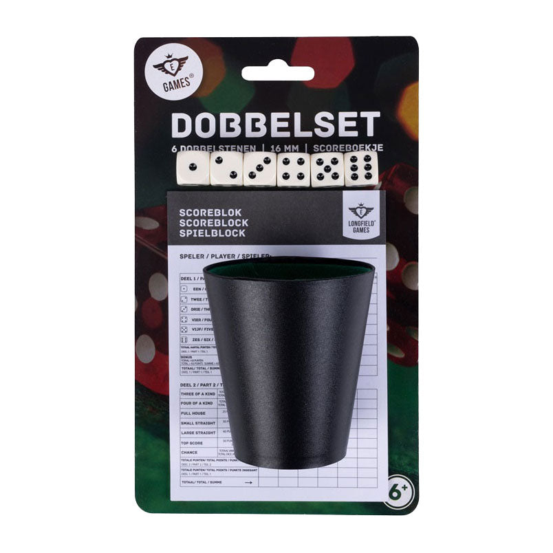 Longfield dobbelset beker+ 6 dobbelstenen