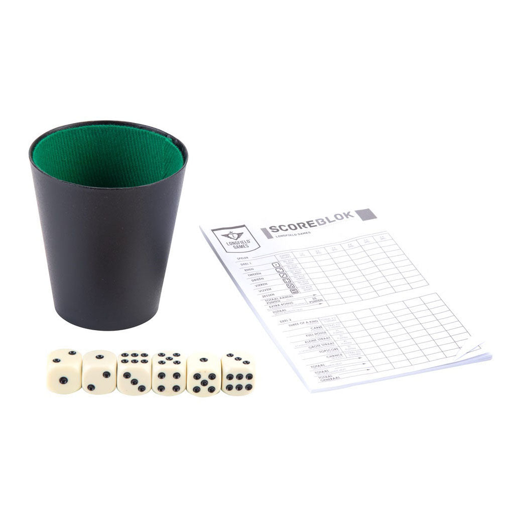 Longfield dobbelset beker+ 6 dobbelstenen