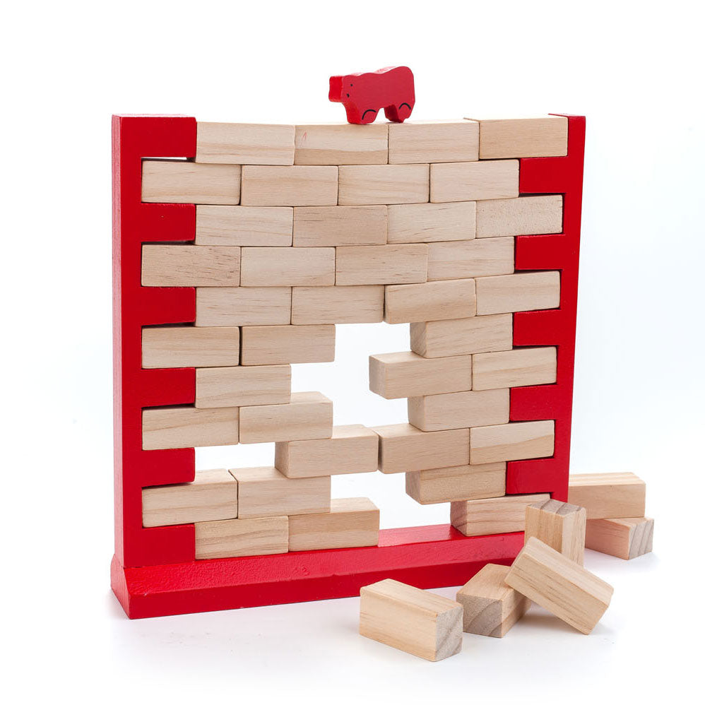 Houten evenwichtsspel vallende muur