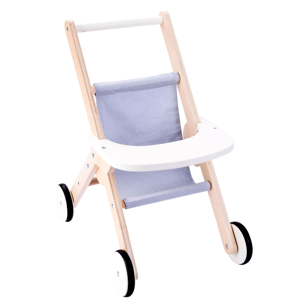 - Houten Poppenwandelwagen Grijs/ blauw