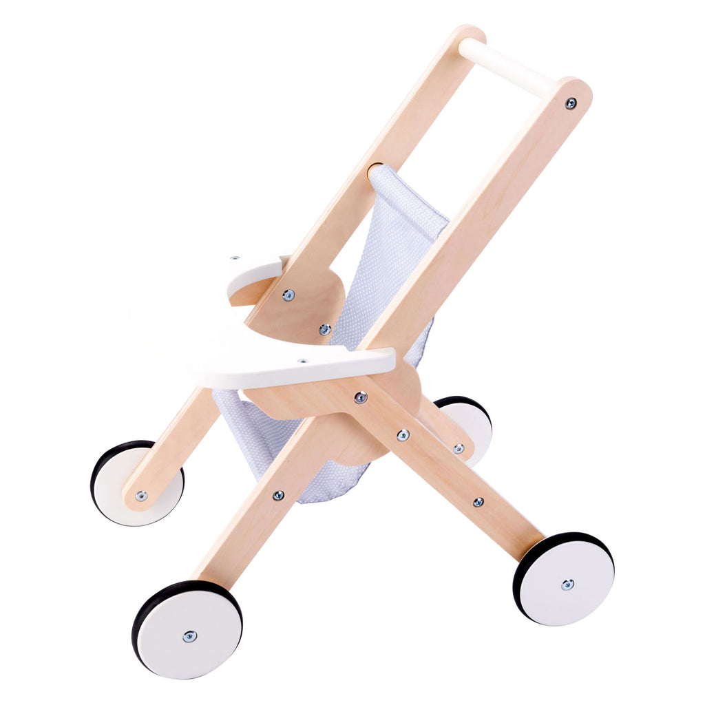 - Houten Poppenwandelwagen Grijs/ blauw