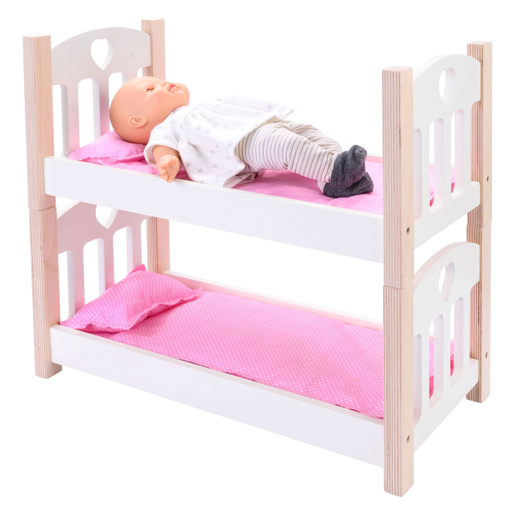Angel toys poppen stapelbed roze wit – houten poppenbed met magnetische bedden – inclusief matrasjes, dekentjes kussens – geschikt voor alle poppen – engelhart