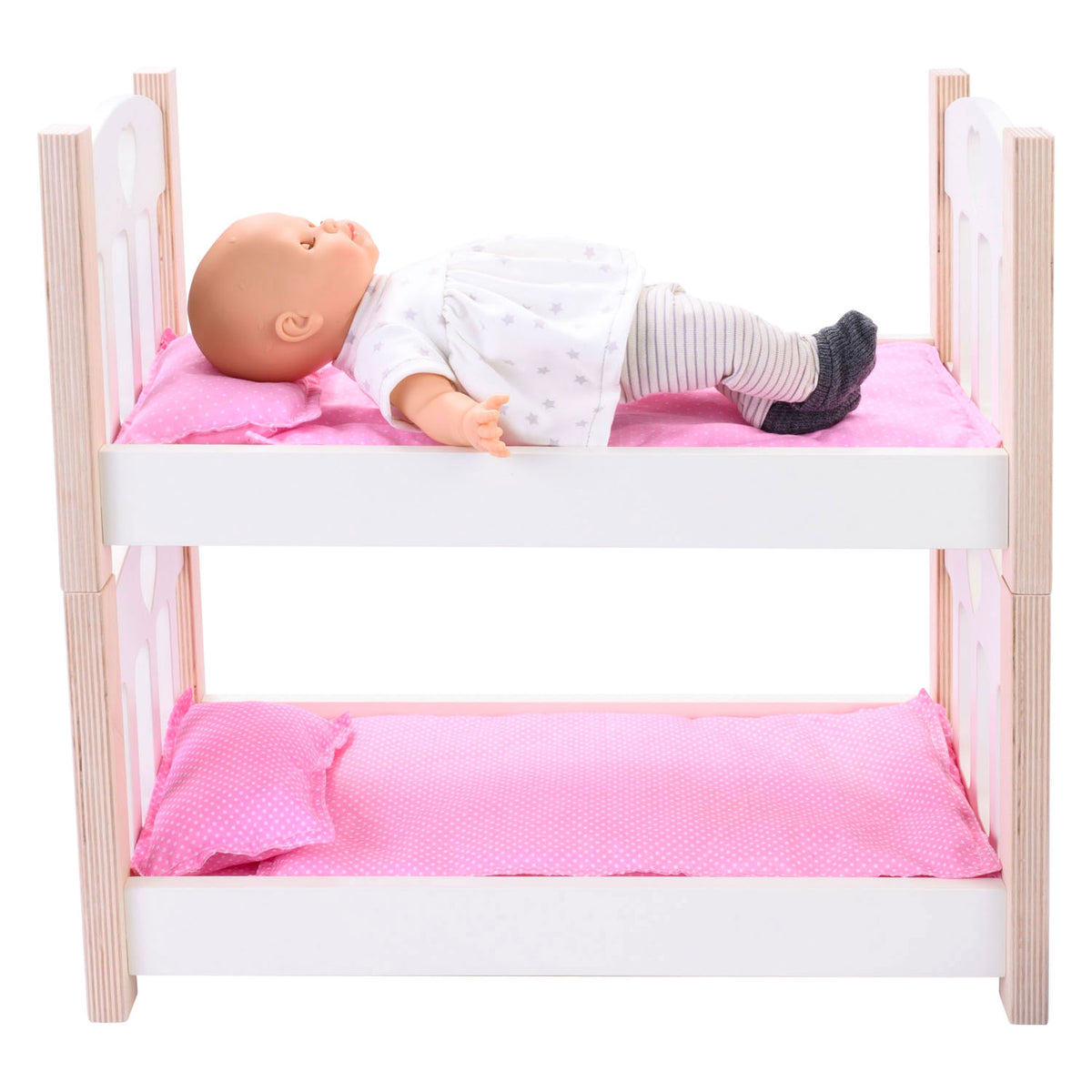 Angel toys poppen stapelbed roze wit – houten poppenbed met magnetische bedden – inclusief matrasjes, dekentjes kussens – geschikt voor alle poppen – engelhart