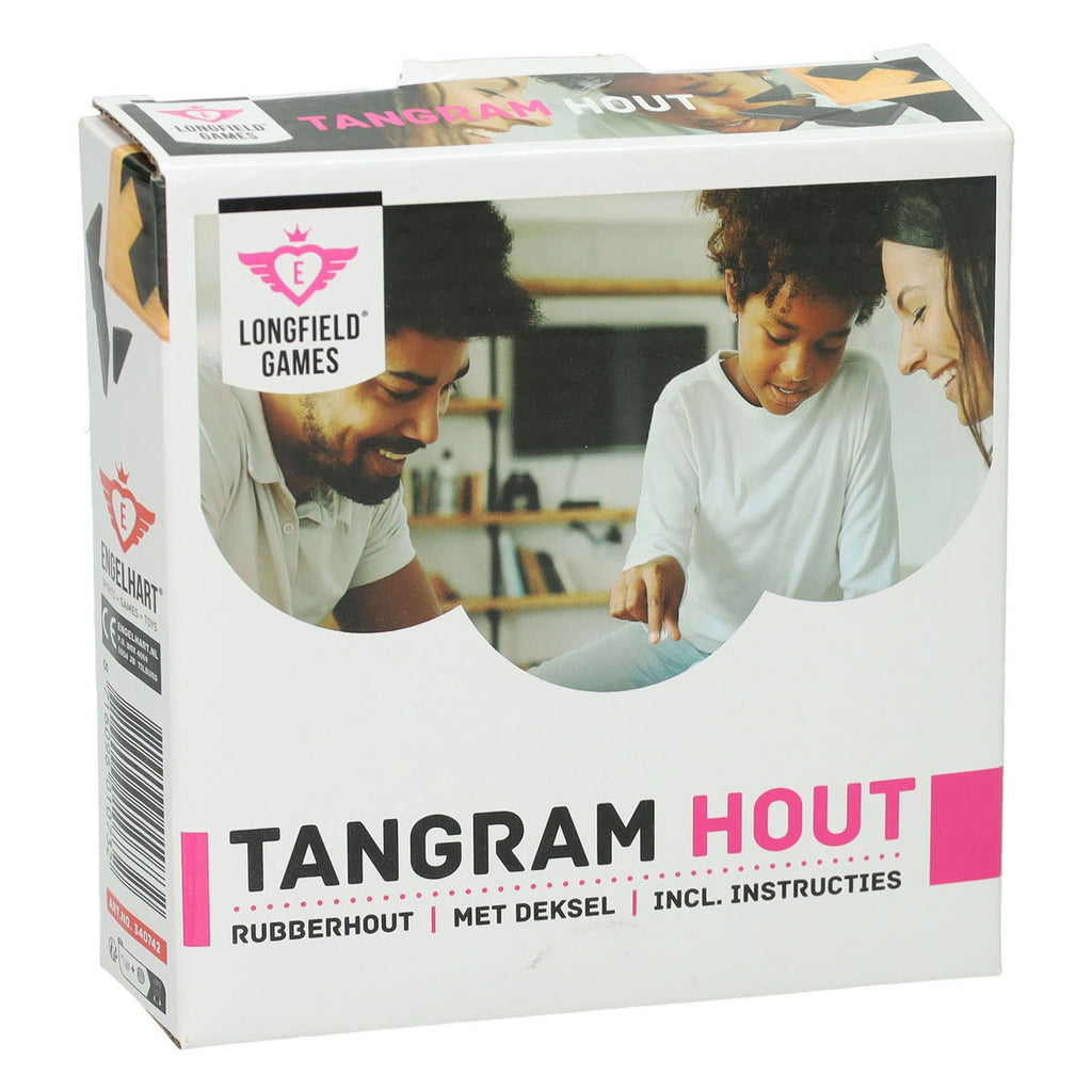 Longfield - Longfield Tangram - blank hout - rubberhout - inclusief voorbeelden en oplossingen - doosje - 13 x 13 cm - engelhart