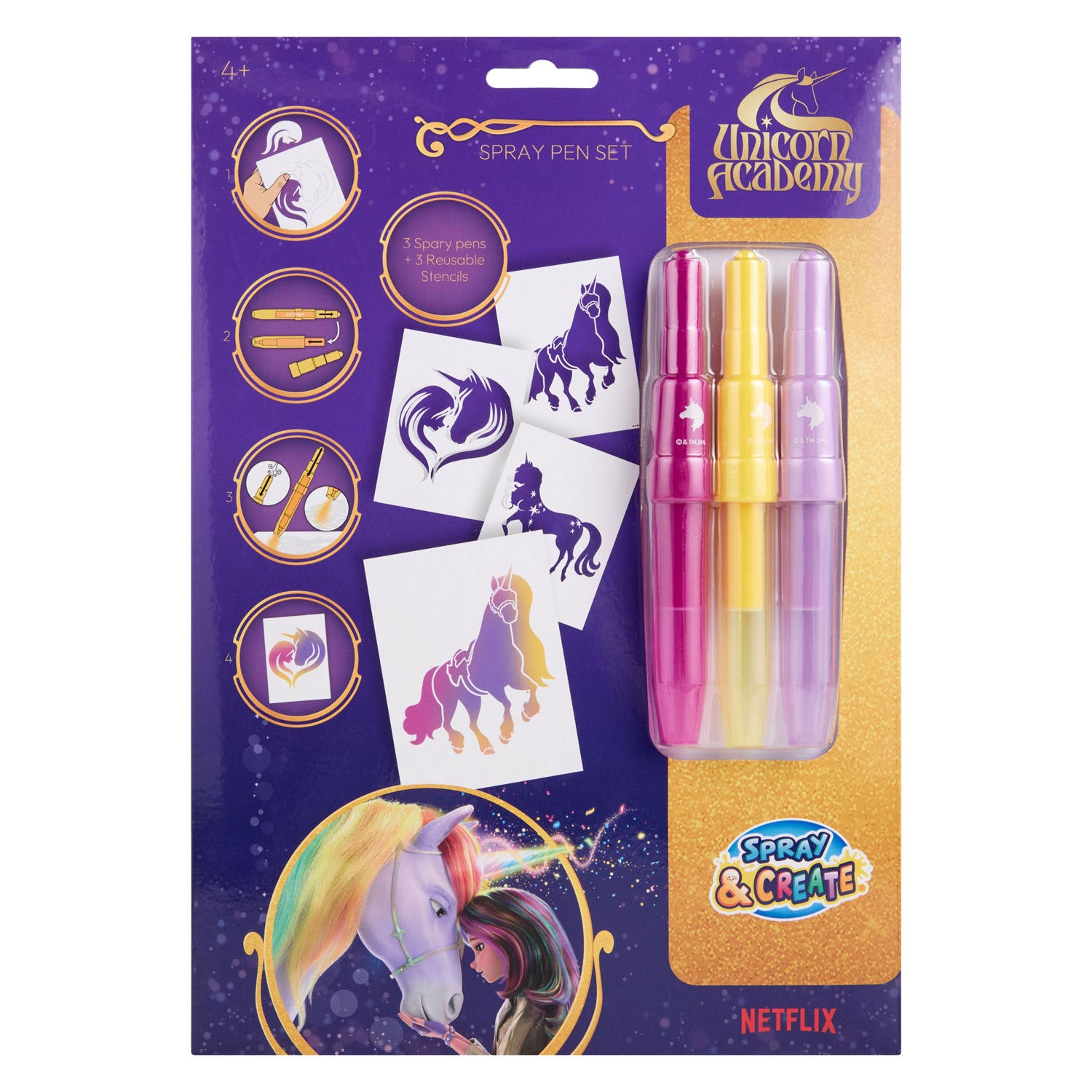 Canenco - Canenco Unicorn academy 3 blaaspennen met herbruikbare sjablonen