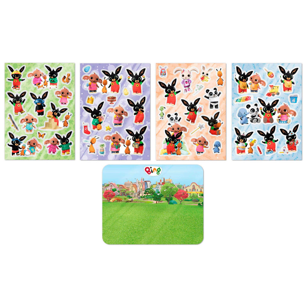 Bambolino bing verplaatsbare raamstickers - 45+ stuks - 4 vellen - met speelachtergrond - peuter en kleuter speelgoed - knutselen - voor meisjes en jongens - vanaf 3 jaar - speelgoed kinderen - totum
