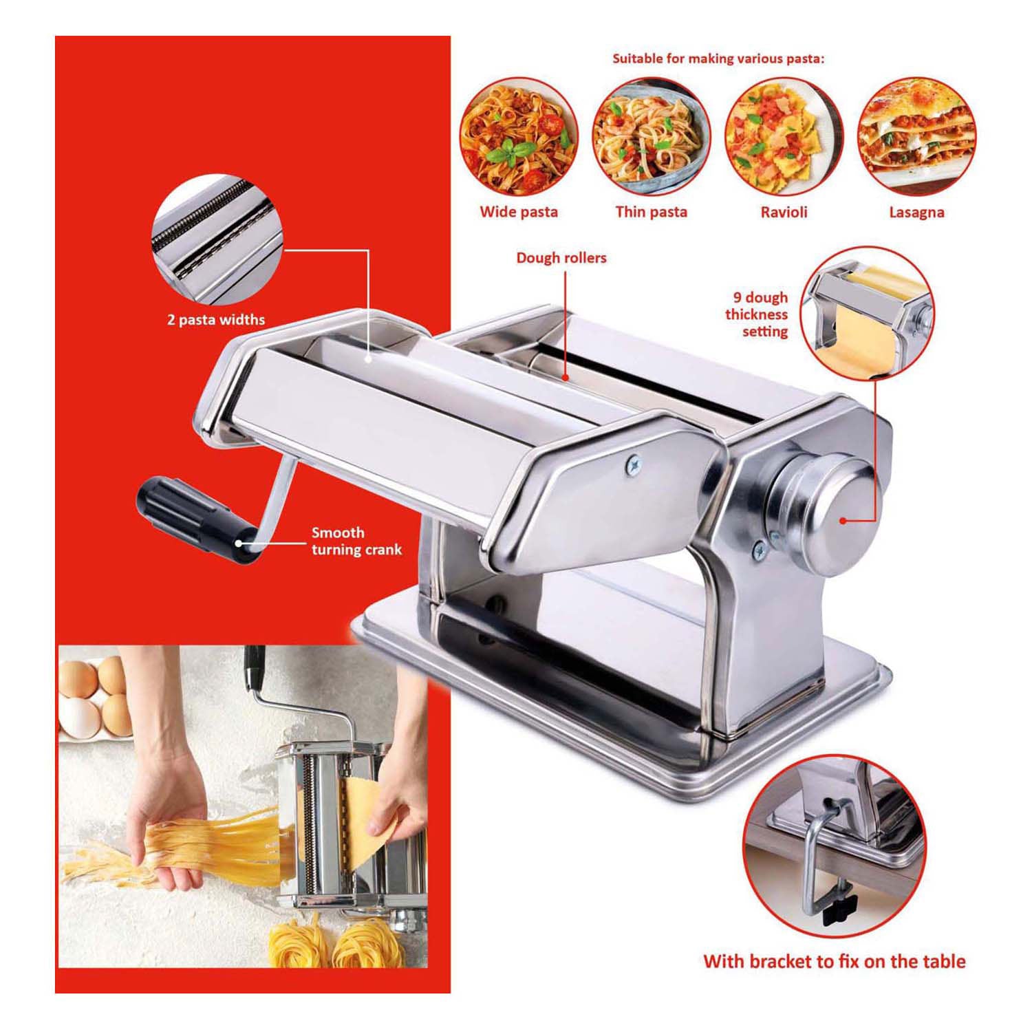 Alpina pastamaker handmatig - rvs - tafelklem - spaghetti, ravioli, lasagne