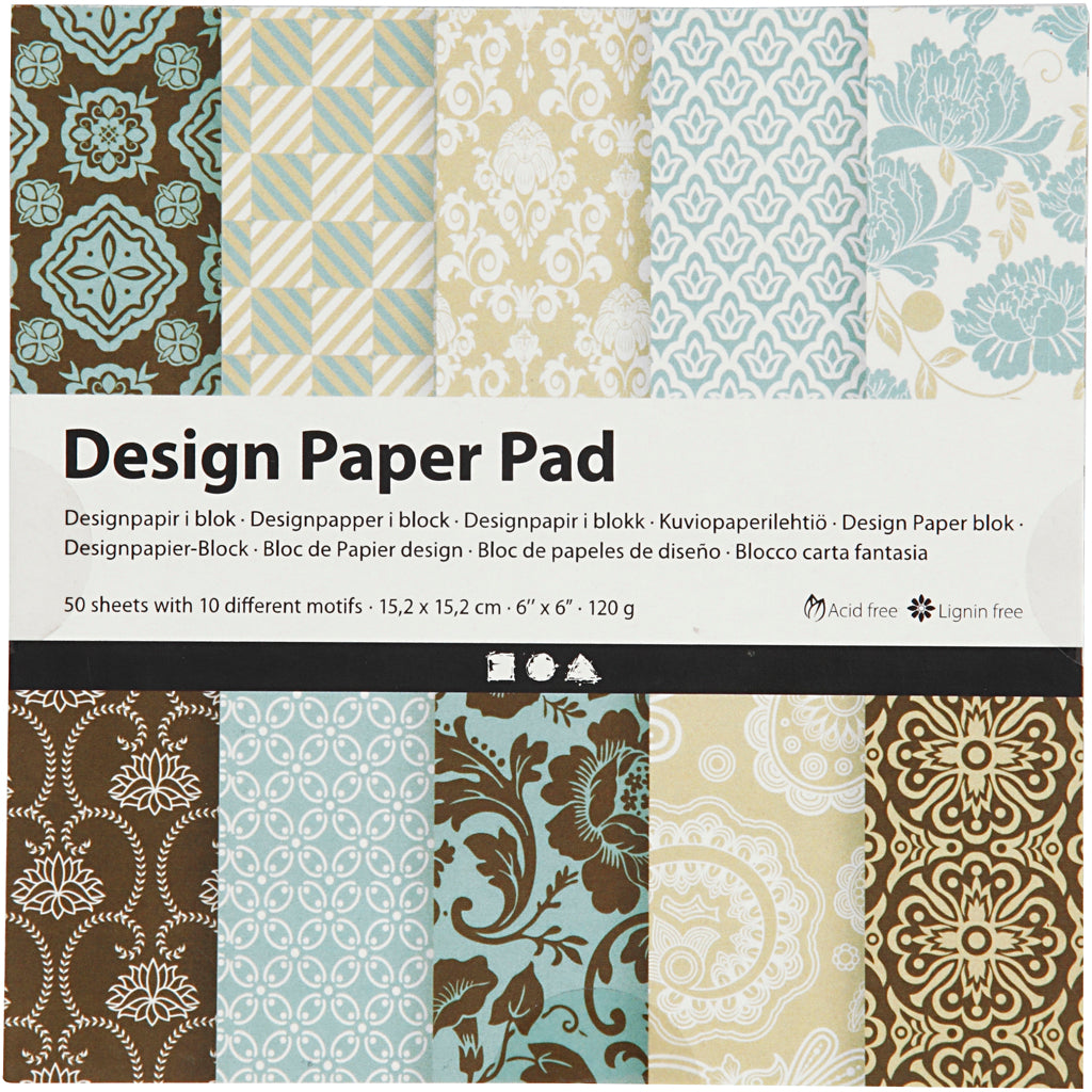Creativ company design papierblok, vel 15,2x15,2 cm, 120 gr, lichtblauw, bruin, 50 vel 1 doos