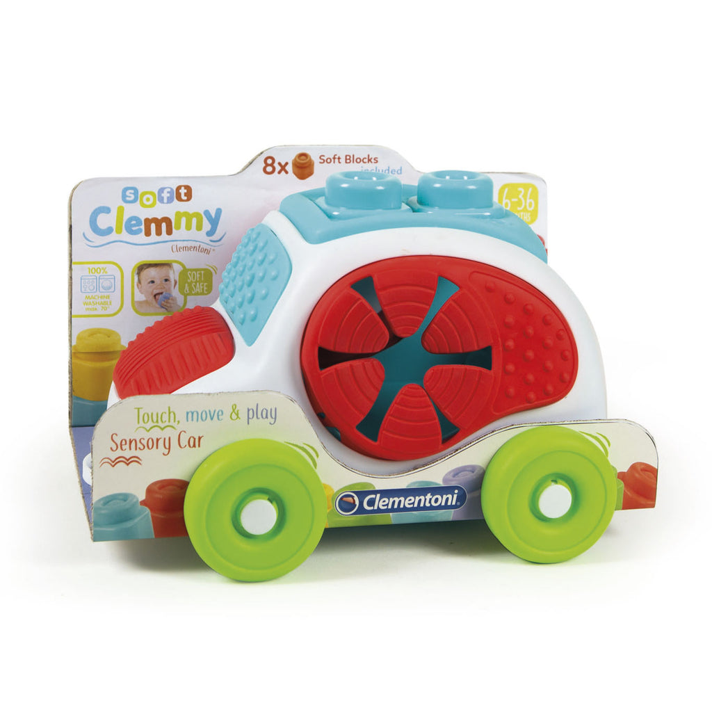 Clementoni - soft clemmy - sensory car - stapelblokken - baby blokken - 8 speelblokken met vormendoos auto - 6-36 maanden