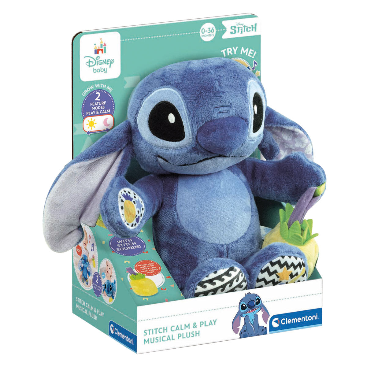 Clementoni - baby speelgoed - stitch knuffel - kalmerende en spellende knuffel - maakt muziek - 0-36 maanden