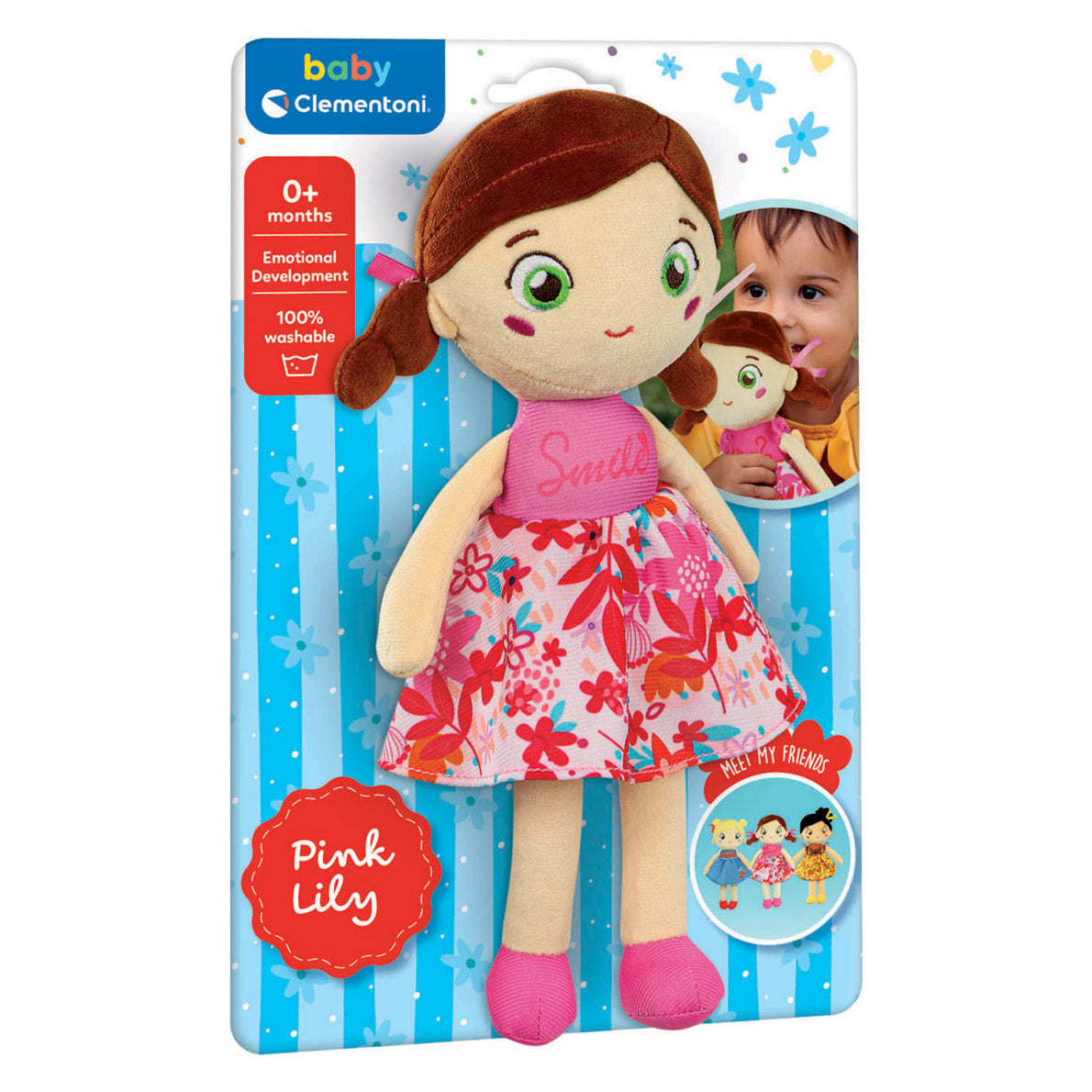Clementoni - zachte knuffelpop pink lily - knuffel en pop voor baby en peuter - zacht kraamcadeau - wasbaar poppen speelgoed voor de allerkleinsten