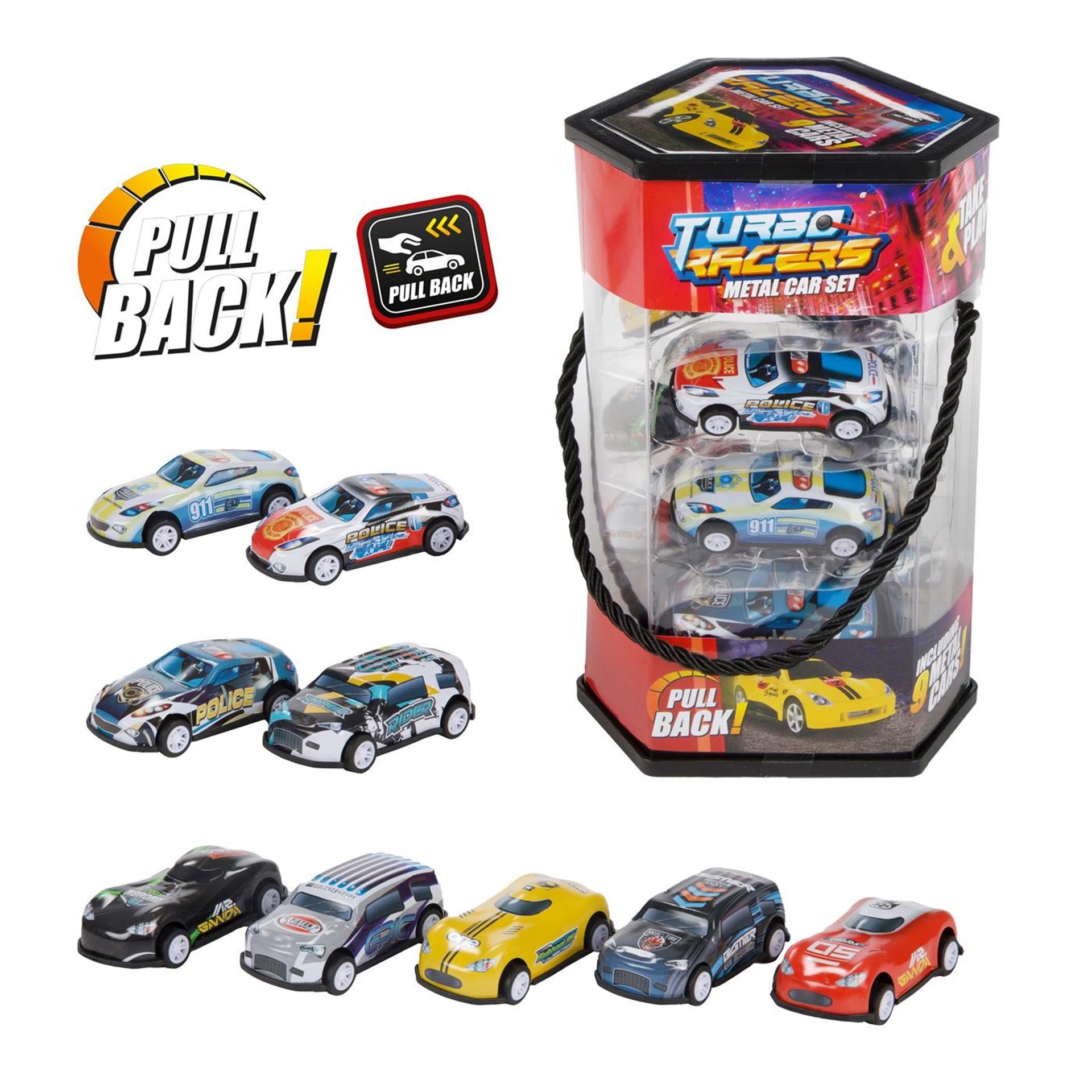 Toi-Toys - Toi-Toys Turbo racers metalen pull back auto's - 9st.