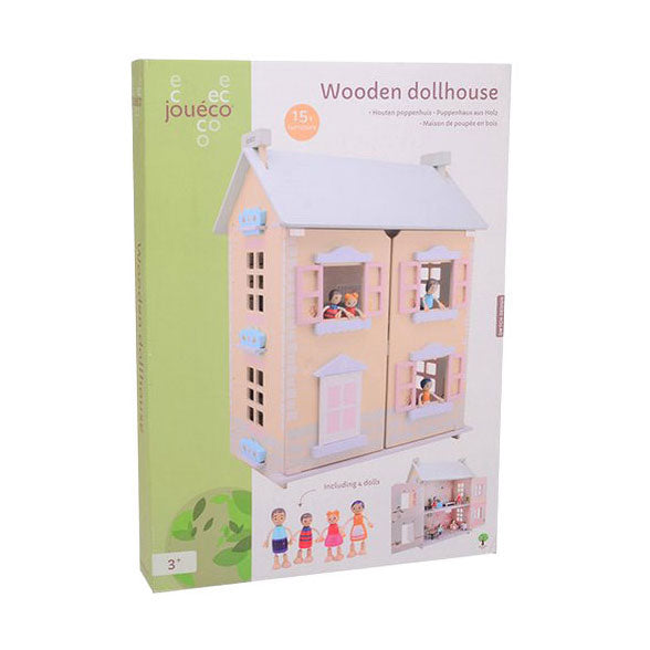 Joueco houten poppenhuis - incl. 15 meubels en 4 poppen