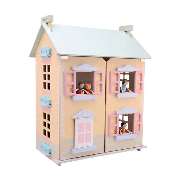 Joueco houten poppenhuis - incl. 15 meubels en 4 poppen