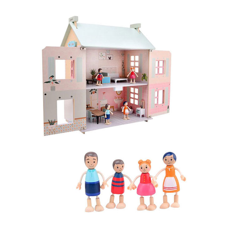 Joueco houten poppenhuis - incl. 15 meubels en 4 poppen