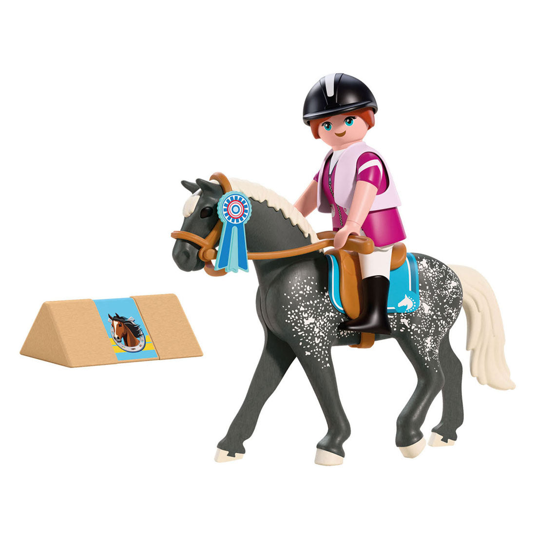Playmobil paarden speelgoed springwedstrijd set met ruiter en hindernis.