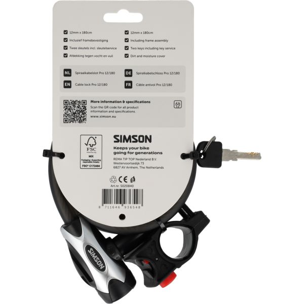 Simson - Spiraalkabelslot pro size xxl - 12mm x 180cm