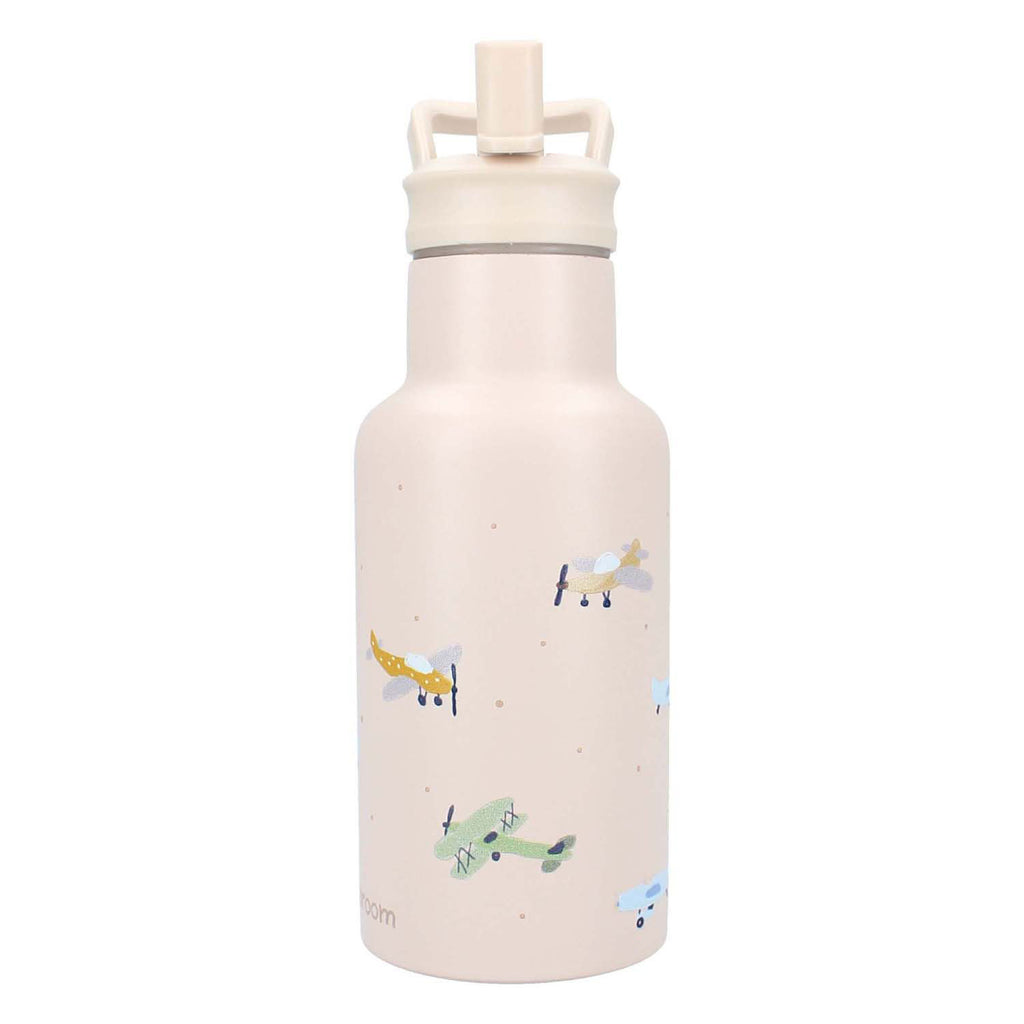 Kidzroom - small talk - schoolbeker en drinkfles - 350ml - stainless steel - vliegtuigen - beige