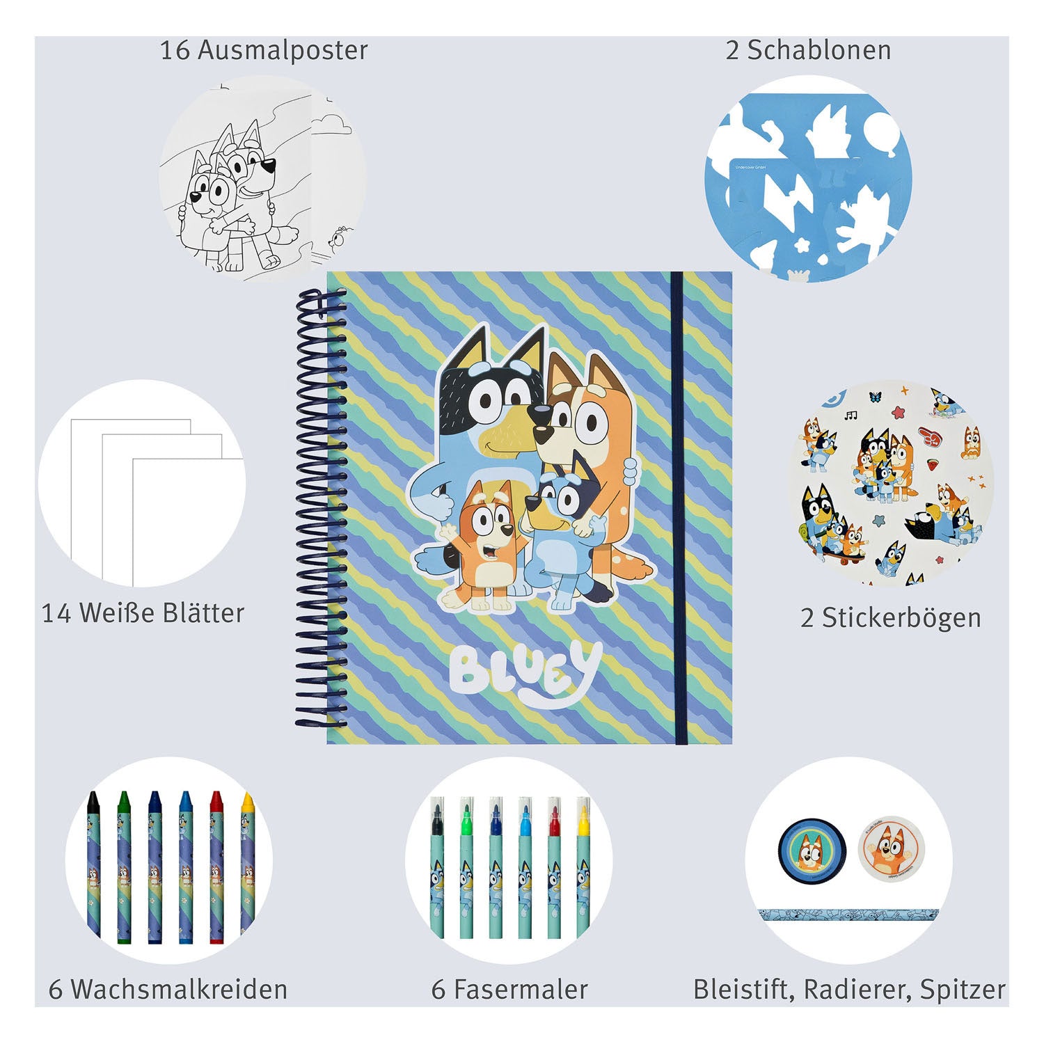 Undercover - Undercover Stencil en kleurset bluey - 49 delig