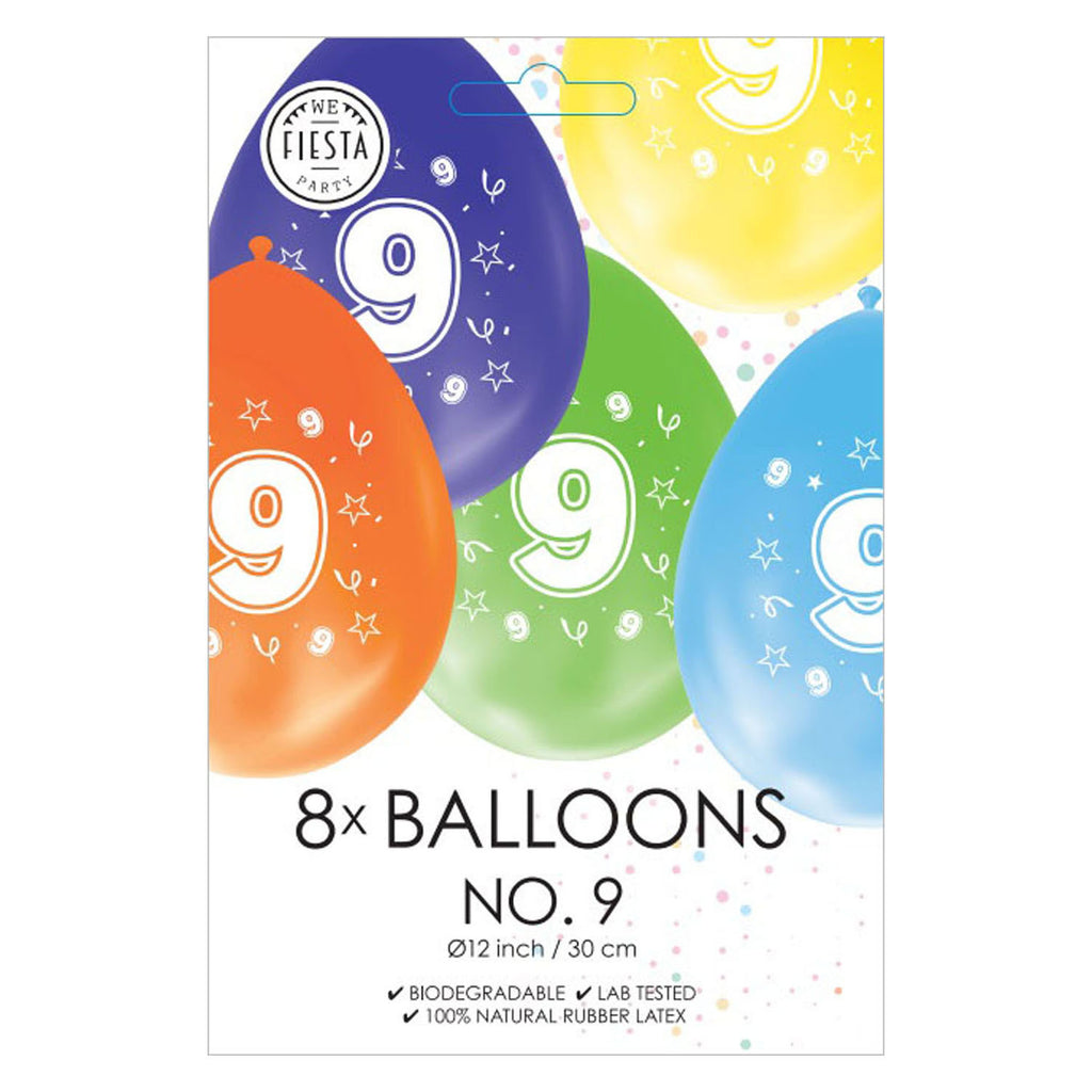 Globos ballonnen 2-zijdig geprint cijfer 9, 8st.