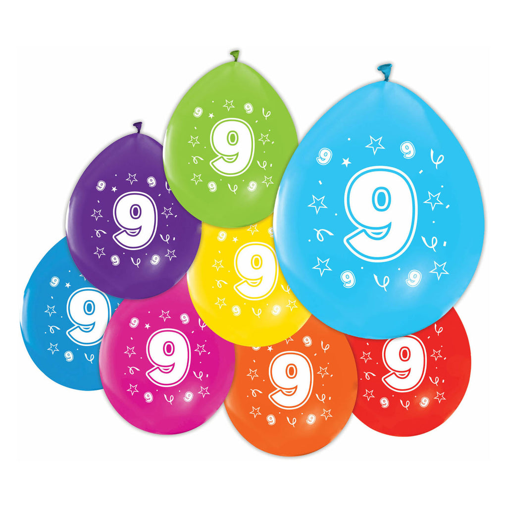 Globos ballonnen 2-zijdig geprint cijfer 9, 8st.